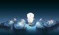 Glowing bright light bulb among others Royalty Free Stock Photo