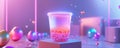 Glowing bubble tea cup with colorful orbs in a vibrant setting during dusk hours