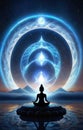 Glowing buddha silhouette in yoga lotus pose practicing meditation in lotus position in sky in magic holographic bal