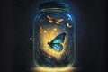 Glowing bug firefly butterfly coming out of jar Royalty Free Stock Photo