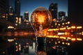 A glowing bulb with a business setting signifies a successful concept