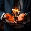 Glowing bulb in CEOs hand signifies business acumen and ingenuity