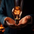 Glowing bulb in CEOs hand signifies business acumen and ingenuity