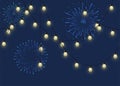 Glowing bulb garland with fireworks, decorative light garland and salute on dark background, footer and banner lamps Royalty Free Stock Photo