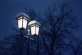 Glowing burning snow covered lantern on iron pillar on black trees without foliage and blue night or evening dark sky background