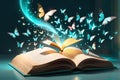 Glowing Butterflies Fluttering Around an Open Book - Light Emanating from the Pages, Set Against a Peaceful Night