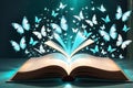 Glowing Butterflies Fluttering Around an Open Book - Light Emanating from the Pages, Set Against a Peaceful Night