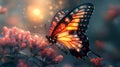 A glowing butterfly lands on a flower with a blurred background and a warm sun glow Royalty Free Stock Photo