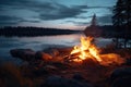A glowing campfire illuminates the tranquil night scene on the shore of a serene lake, View of campfire burning by lake, AI