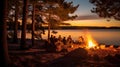 Glowing campfire by the lake crackling logs bright and dancing flames illuminating the dark shoreline. Relaxed campers sitting