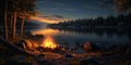 Glowing campfire by the lake. Sunset with open flames fire and logs. Camping on the beach at night. Serene lake landscape Royalty Free Stock Photo