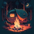 A camper sitting by a campfire, roasting marshmallows under the stars