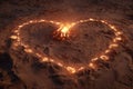 A glowing campfire surrounded by a heart-shaped ring of small lights on a textured ground surface Royalty Free Stock Photo