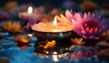 Glowing candle flame reflects on tranquil pond, symbolizing spirituality generated by AI