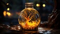 Glowing candle illuminates dark night, reflecting on glass bottle generated by AI Royalty Free Stock Photo