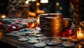 Glowing candle illuminates table, burning gold coin symbolizes success generated by AI