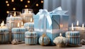 Glowing candle illuminates winter celebration, gift box on table generated by AI