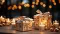 Glowing candle illuminates winter celebration, love and warmth generated by AI