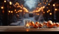 Glowing candle illuminates winter celebration on wooden table generated by AI