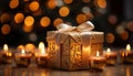 Glowing candle illuminates winter night, celebrating love and spirituality generated by AI
