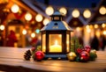 Glowing candle lantern and christmas decorations Royalty Free Stock Photo