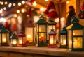 Glowing candle lantern and christmas decorations