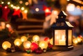 Glowing candle lantern and christmas decorations