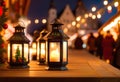 Glowing candle lantern and christmas decorations