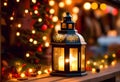 Glowing candle lantern and christmas decorations