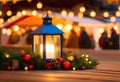 Glowing candle lantern and christmas decorations