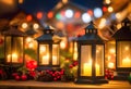 Glowing candle lantern and christmas decorations