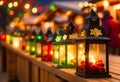 Glowing candle lantern and christmas decorations