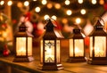 Glowing candle lantern and christmas decorations Royalty Free Stock Photo