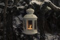 Glowing candle in lantern hanging on fir tree branch in winter forest. Christmas scene Royalty Free Stock Photo