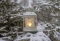 Glowing candle in lantern hanging on fir tree branch in winter forest. Christmas scene Royalty Free Stock Photo