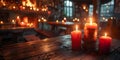 Glowing candles light up tables in a medieval tavern by fireplace. Concept Medieval setting, Candlelit ambiance, Cozy atmosphere,