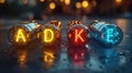 Glowing capsules with vitamins A, D, K letters. Royalty Free Stock Photo