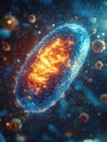 Glowing cell encounters menacing viruses in a vibrant microscopic world filled with danger. Generative AI
