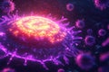 Glowing cell illuminated among a swarm of menacing viruses in a dark microscopic environment. Generative AI