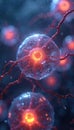 Glowing cell structure with red nucleus, membrane. Cells connected by red filaments. Orange glow emanates from core. Microscopic Royalty Free Stock Photo