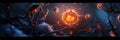 Glowing cell surrounded by menacing viruses in a dark, mysterious environment. Generative AI
