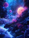 Glowing cell surrounded by menacing viruses in a vibrant microscopic environment at night. Generative AI