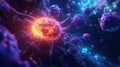 Glowing cell surrounded by numerous menacing viruses in a vibrant microscopic environment. Generative AI