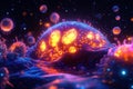 Glowing cell under attack from menacing viruses in a vivid microscopic world. Generative AI