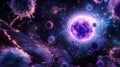 Glowing cell under attack by numerous menacing viruses in a dark, microscopic environment. Generative AI