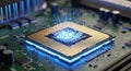 Glowing Central Processing Unit on a Green Circuit Board with Blue Energy Sparks processor Royalty Free Stock Photo