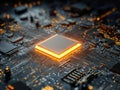 Glowing central processing unit on a high-tech circuit board with intricate connections and illuminated pathways in a futuristic Royalty Free Stock Photo