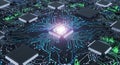 Glowing central processing unit surrounded by many microchips on intricate circuit board with data lines and electrical Royalty Free Stock Photo