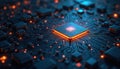 Glowing central processor on intricate circuit board. Microchip complex with glowing orange lights and blue lines. Digital Royalty Free Stock Photo