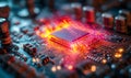 Glowing central processor unit overheating on electronic circuit board Royalty Free Stock Photo